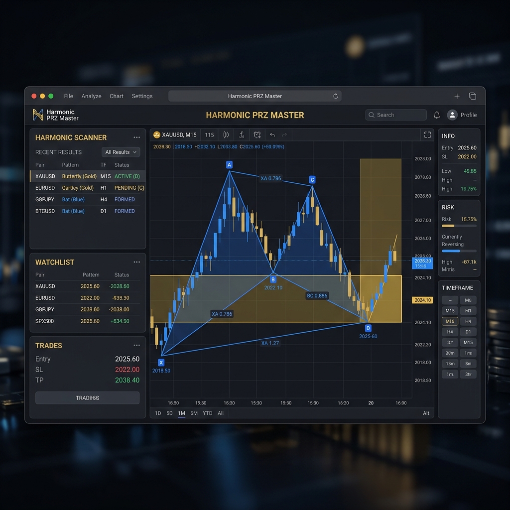 Malibuta Harmonic PRZ Software Interface showing technically accurate XABCD and PRZ at D point