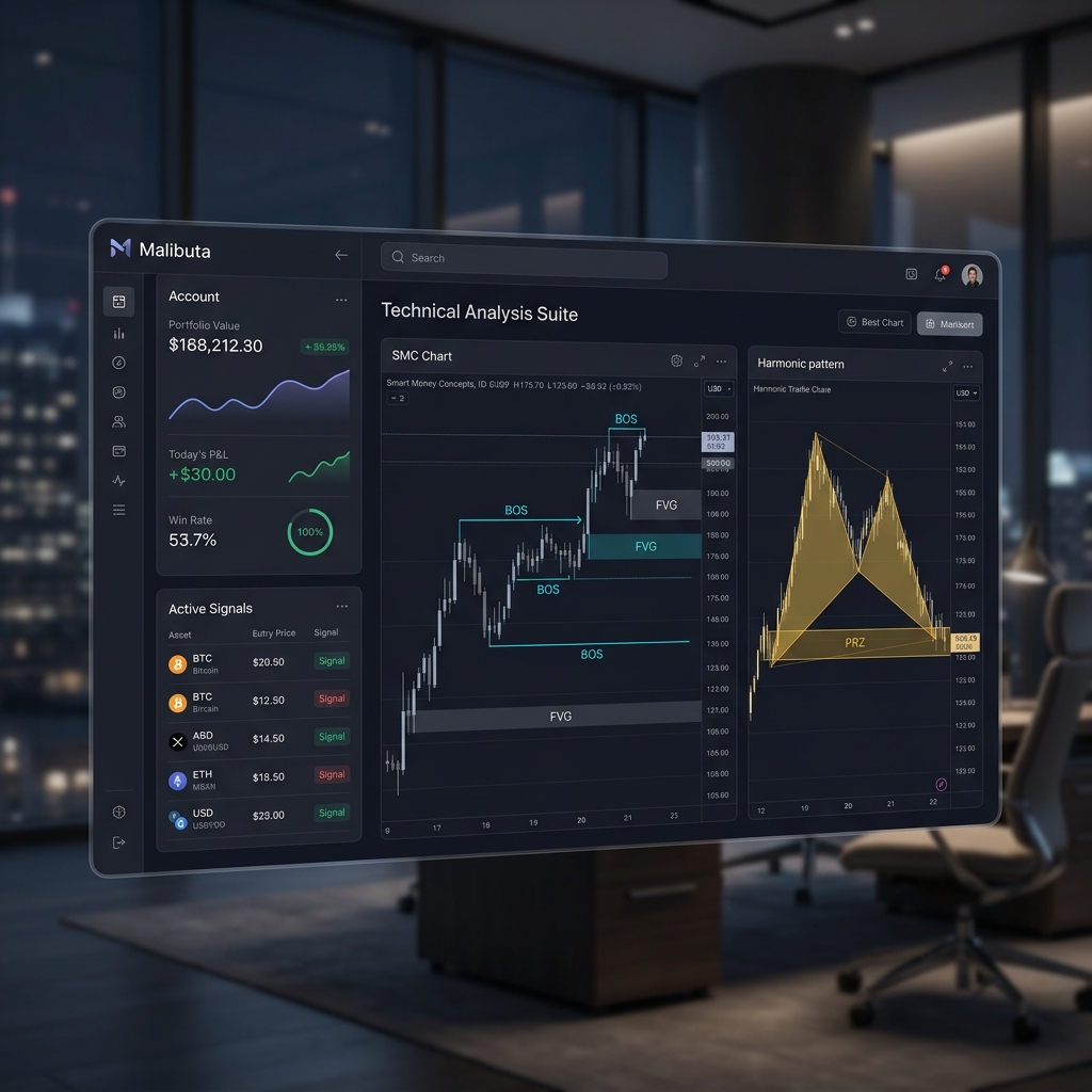 Malibuta Flagship Dashboard showing SMC and Harmonic analysis suite