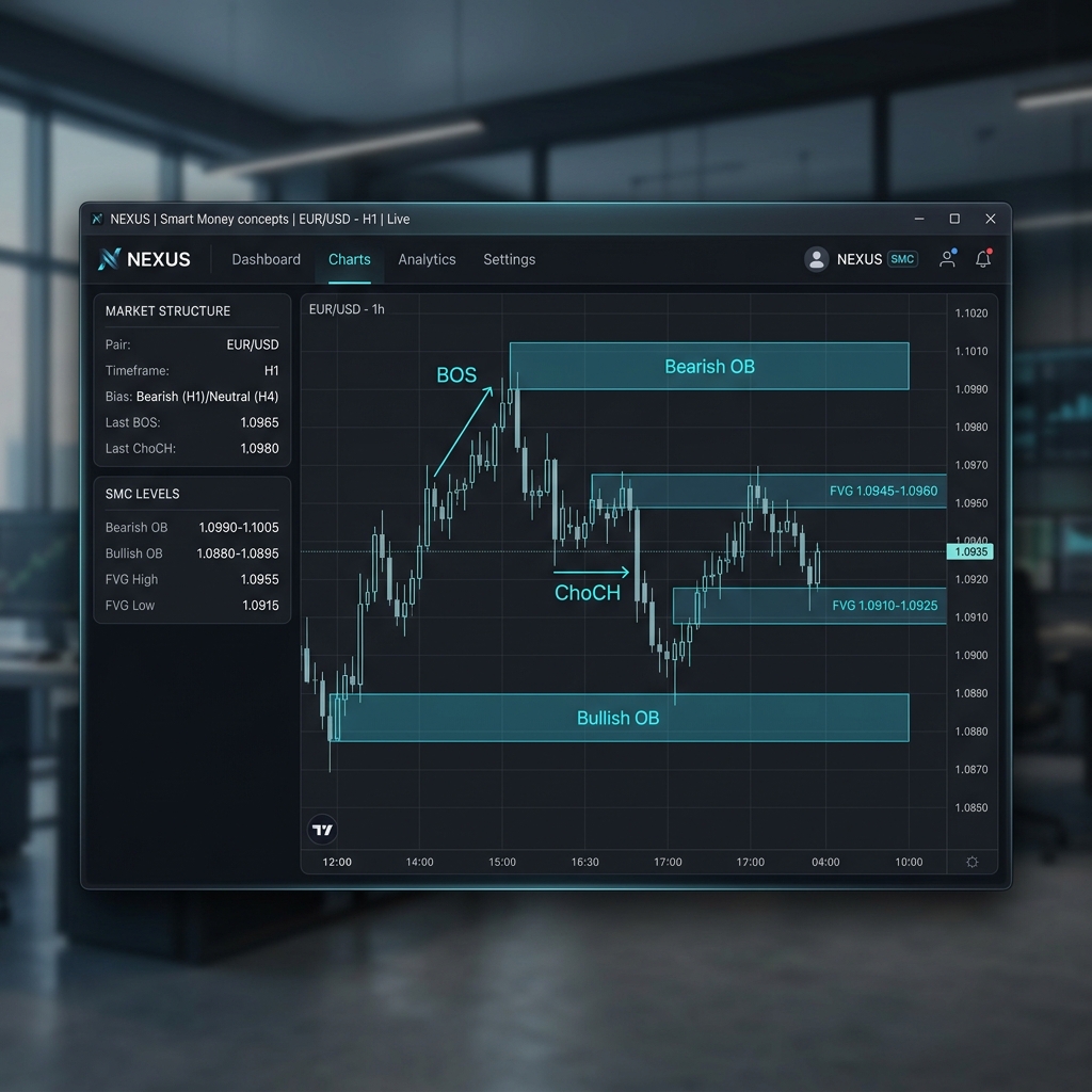 Malibuta ICT SMC Pro Software Interface showing BOS, CHoCH, OB and FVG